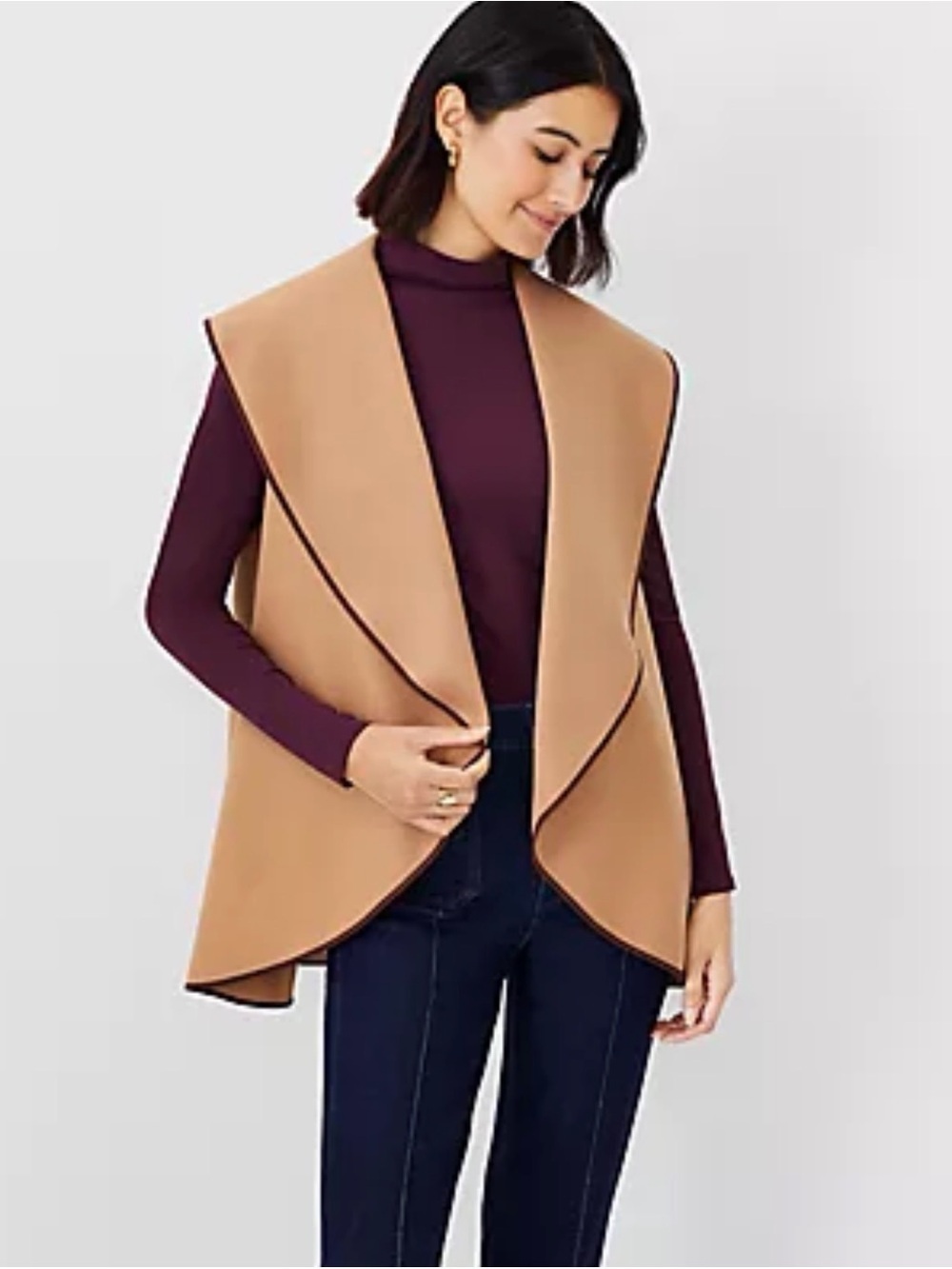 Ann Taylor Camel Draped Poncho Vest with Contrast Trim like new